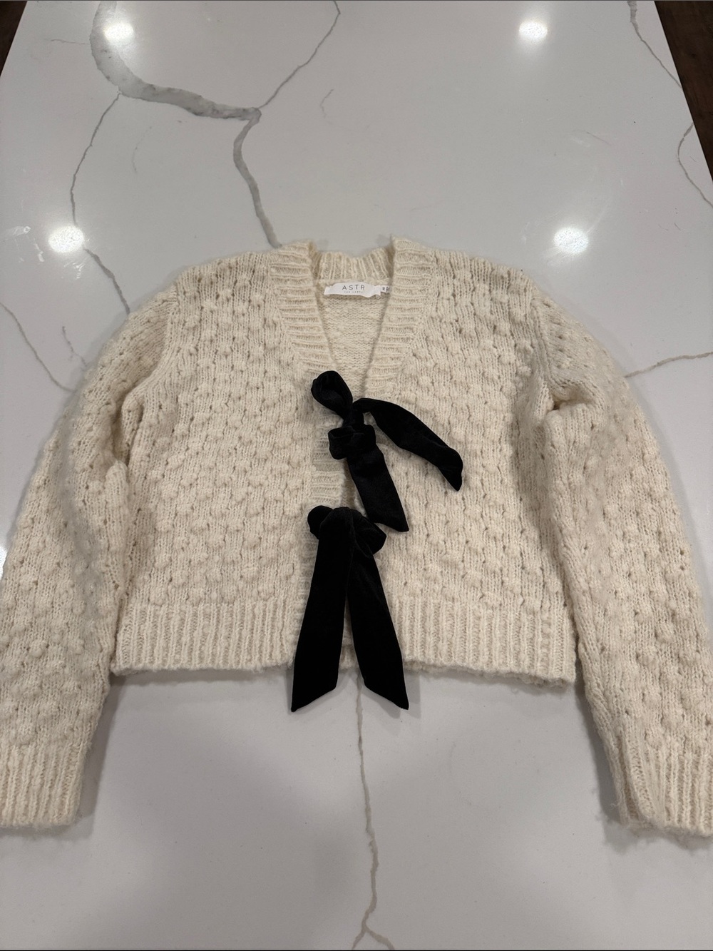 ASTR Ivory Knit Cardigan with Black Velvet Bows